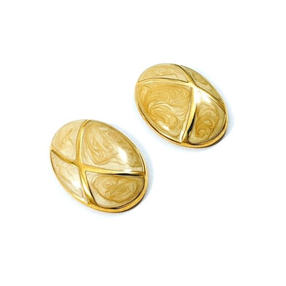 Vintage Napier Oval Beige Enamel Swirl Pierced Earrings - Picture 2 of 8